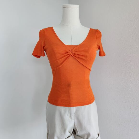 Lucca Orange Twist Front Short Sleeve Stretch Tee Micro Rib Knit Top XS - Picture 3 of 7